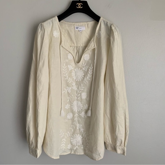 Gap Embroidered Tie-Front long sleeve Top linen cotton blend size large - Picture 2 of 8
